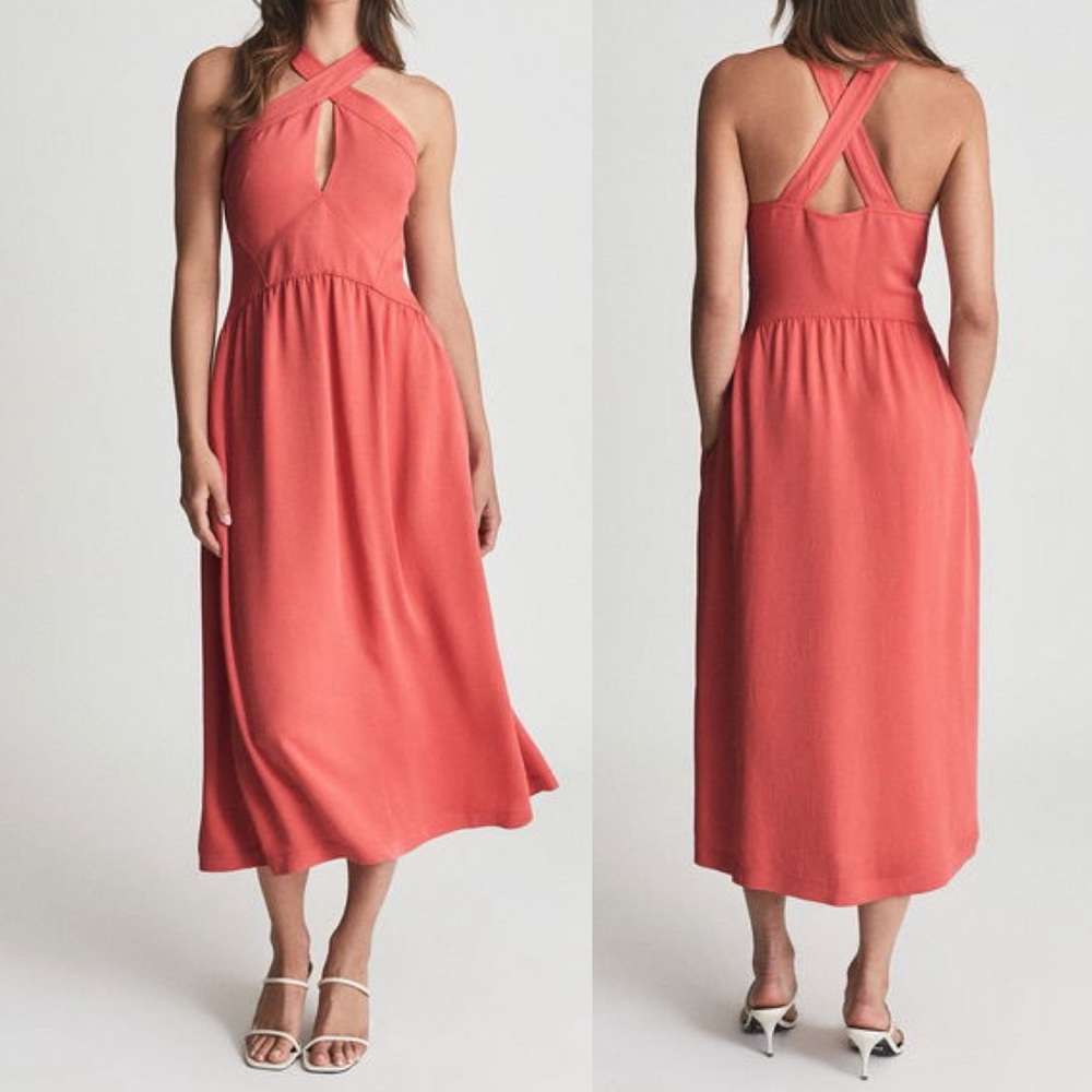 REISS Orla Halter Midi Dress In Coral